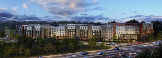 Mixed-use residential development at dusk Virginia